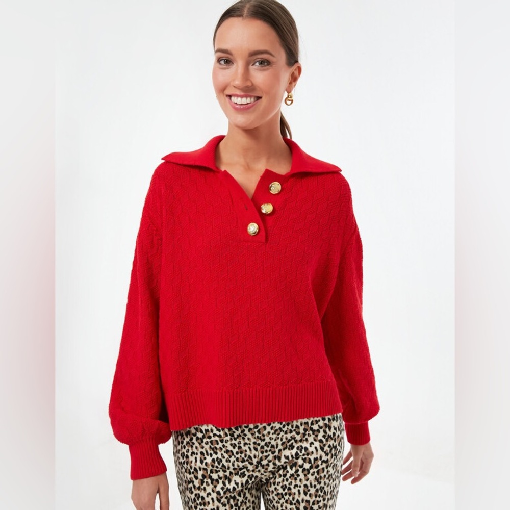 Tuckernuck‎ Women’s Red Quilted Polo Henley Sweater Size Medium